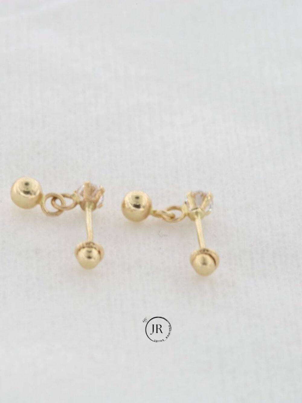 14K Solid Gold Dangle Drop Earrings • Cubic Zirconia Studs with Hanging Ball - Picture 4 of 6